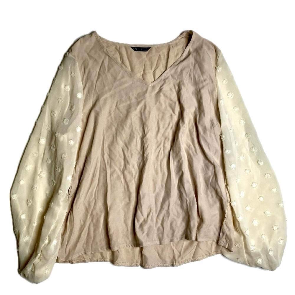 Cream tan sheer blouse white polkadot sleeves size XL womens NEW